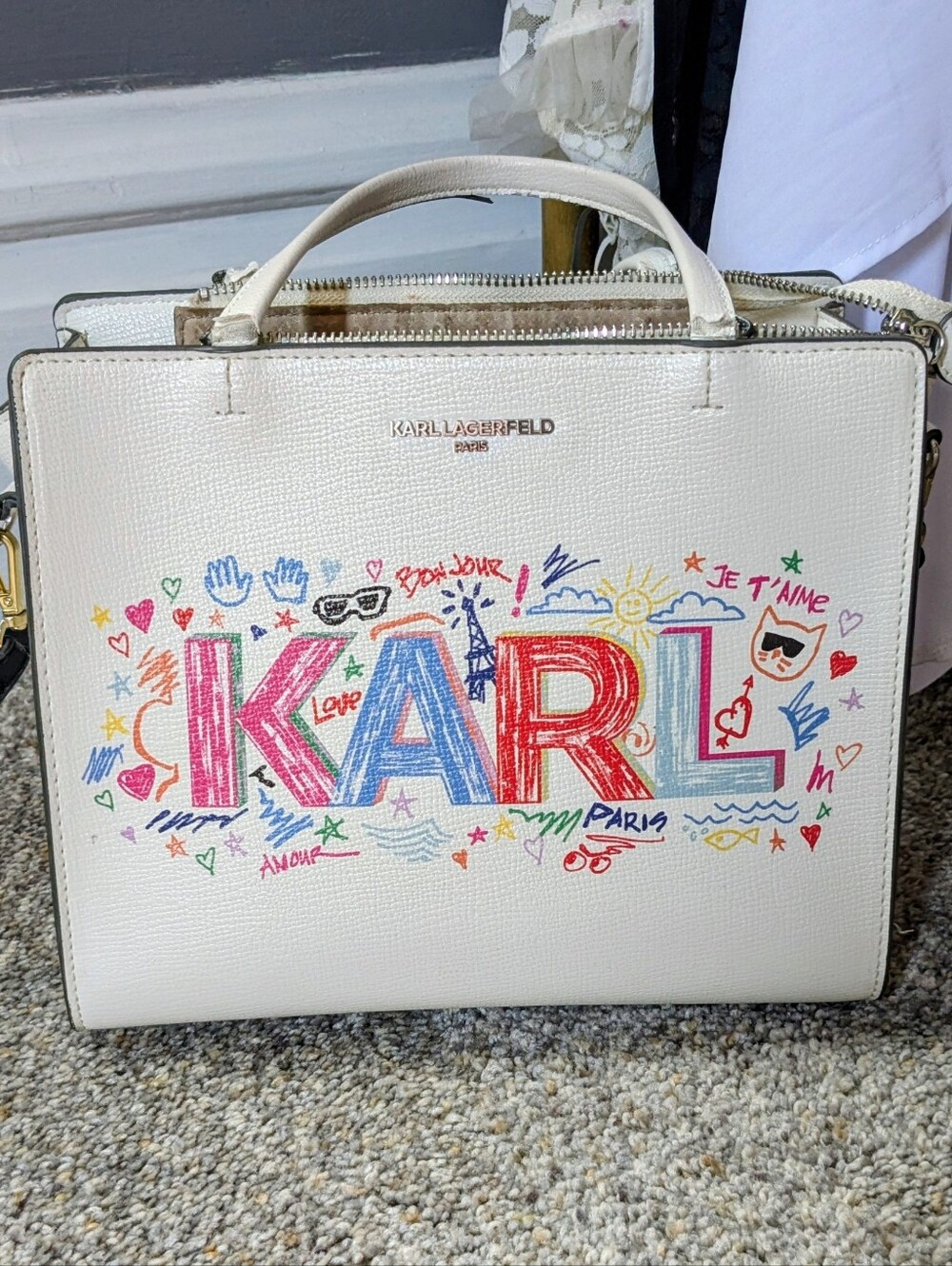 Karl Lagerfeld White Cross Body with Multicolor 'KARL' Graffiti Print